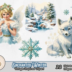 Paquete de imágenes prediseñadas de fantasía invernal / Cuento de hadas de invierno encantado / Bosque nevado, cristales de hielo, hadas, animales / Arte de bosque PNG de alta resolución