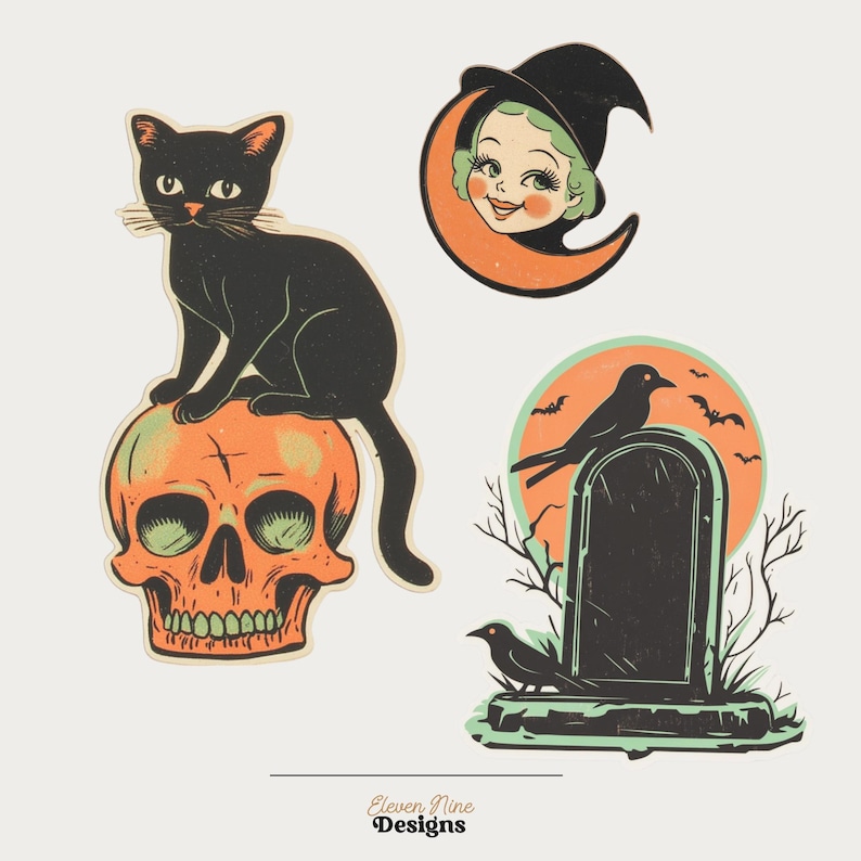 Puede incluir: Un conjunto de tres pegatinas que muestran un gato negro sobre una calavera naranja, una cara sonriente con pelo verde y sombrero de bruja negro en una luna creciente, y una l&aacute;pida negra con dos p&aacute;jaros negros ante una luna naranja.