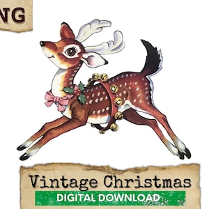 Clipart de renne, Clipart de Noël, Noël vintage rétro, Clipart de cerf, Téléchargement numérique de renne, Clipart vintage, Renne vintage PNG