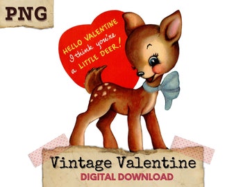 Deer Clipart, Valentine Deer Digital Download, Printable Deer, Vintage Valentines Clipart, Retro Valentines, Deer PNG