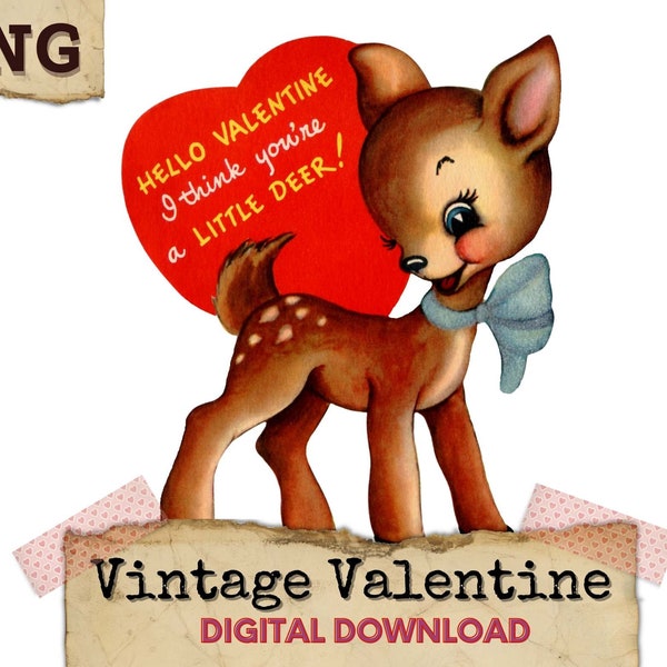 Deer Clipart, Valentine Deer Digital Download, Printable Deer, Vintage Valentines Clipart, Retro Valentines, Deer PNG