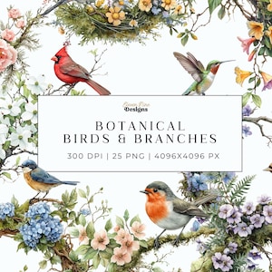 Botanical Birds Clipart, Vintage Birds and Branches, Floral Wreath Clipart, Woodland Illustrations, Scrapbook Journals, Digital Download