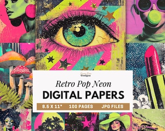Neon Retro Pop Digital Paper Bundle, Neon Grunge Collage Backgrounds, Printable Bright Scrapbook Paper, Vibrant Junk Journal Pages