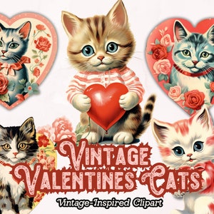Saint-Valentin chats Clipart, chaton PNG, clipart Saint-Valentin vintage, coeurs PNG, téléchargement numérique instantané pour créations numériques, créations en papier