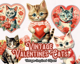 May include: Vintage Valentine's Day clip art featuring four adorable kittens with hearts and roses. The text "Vintage Valentines Cats" is in pink letters with a white outline.