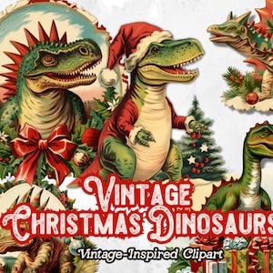 Christmas Dinosaur Clipart PNG, Vintage Christmas Dinosaur Clipart, T-Rex PNG, Retro Dinosaur, Holiday Dinosaur, Dinosaur Fantasy Graphics