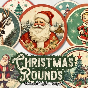 Cercle de Noël PNG Clipart, autocollants de Noël rétro, rond vintage téléchargement immédiat, graphiques de Noël pour journaux, ornements, sous-verres