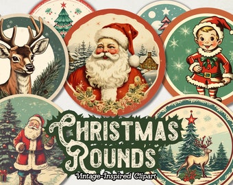 Círculo de Natal PNG Clipart, Adesivos de Natal Retro, Download Instantâneo Vintage Redondo, Gráficos de Natal para Diários, Enfeites, Porta-copos