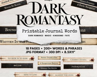 Dark Romantasy Journal Words, Printable Junk Journal Labels, Dark Romance Fantasy Words & Phrases, Gothic Scrapbook Ephemera