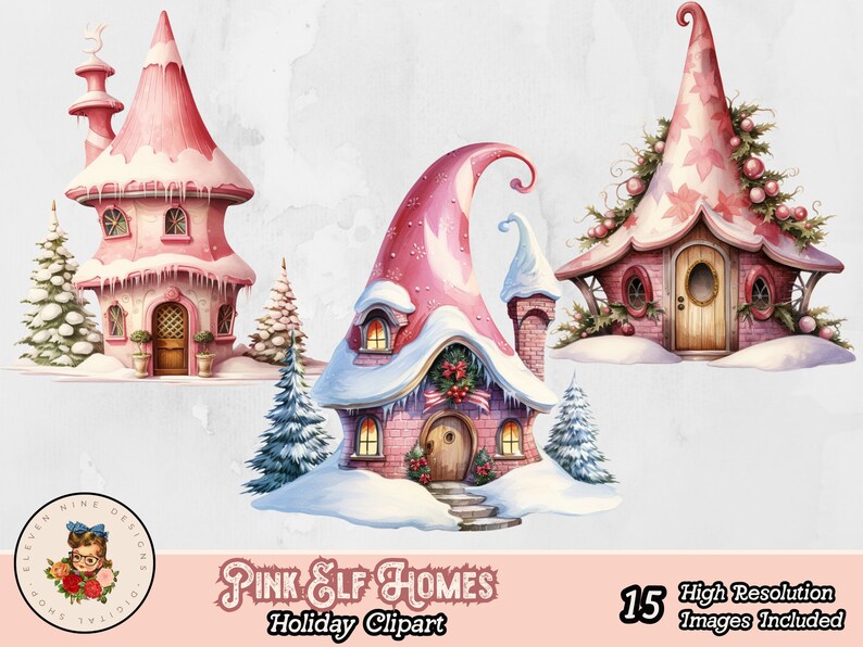 May include: A digital clipart set of 15 images featuring three pink and white elf homes with snow-covered roofs and festive details. The homes are decorated with candy cane accents, icicles, and wreaths.  The text "PINK ELF HOMES Holiday Clipart" is included in the image.