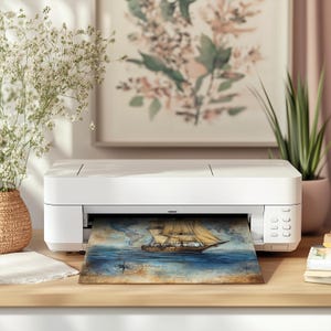 May include: A white printer with a paper tray that is printing a vintage-style illustration of a ship sailing on a blue ocean with a compass and a world map in the background.