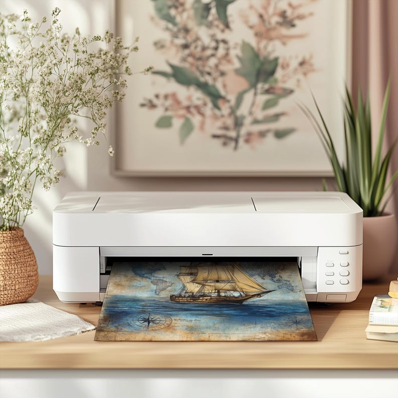 May include: A white printer with a paper tray that is printing a vintage-style illustration of a ship sailing on a blue ocean with a compass and a world map in the background.