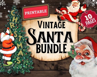 May include: A vintage-themed Christmas bundle with Santa Claus illustrations and a Christmas tree. The words "Printable" and "10 Pages" are displayed. The words "Vintage Santa Bundle" are in the center of the image. The background is a dark wood texture.