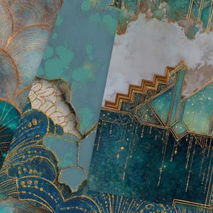 Decayed Art Deco Digital Paper, Seamless Teal Grunge Art Deco Patterns ...