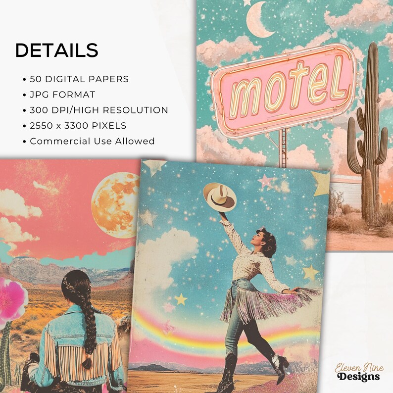 May include: Digital papers with a vintage western theme. The image features a woman reaching for a hat, a motel sign, and a cactus. The text includes "DETAILS", "50 DIGITAL PAPERS", and "Commercial Use Allowed". The color palette includes pink, blue, and beige.