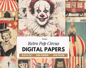 Retro Circus Digital Paper, Vintage Carnival Scrapbook Paper, Clown & Circus Collage, Junk Journal Backgrounds, Printable Circus Animals