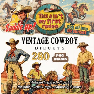 Imágenes prediseñadas de vaquero vintage, gráficos de temática occidental, ilustraciones de vaqueros retro, imágenes digitales de country western, descarga instantánea, vaquero PNG