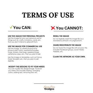 May include: Terms of Use graphic with a green checkmark and red X. Text details what you can and cannot do with the image, including personal and commercial use, and modifying designs. The image is from Eleven Nine Designs.