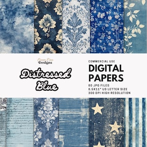 Distressed Blue Digital Paper, Grunge Blue Backgrounds, Vintage Indigo Textures, Shabby Blue Patterns, Printable Blue Scrapbook Paper JPG