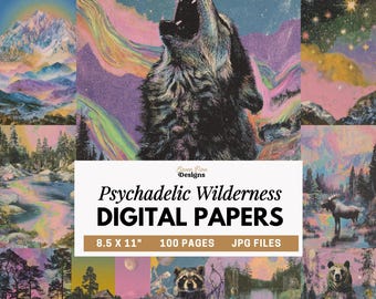 Psychadelic Nature Digital Paper, Wilderness Scrapbook Paper, Trippy Landscape Printable, Woodland Forest Animal Art, Junk Journal Pages