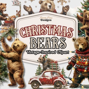Clipart Noël ours, ours en peluche PNG, clipart Noël vintage, ours mignons, téléchargement numérique instantané pour créations numériques, créations en papier