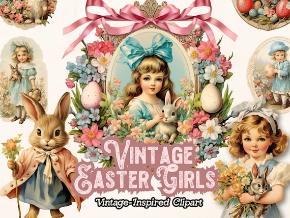 Vintage Easter Clipart PNG, Easter Bunny Clipart, Vintage Victorian Images Graphics for Scrapbooking, Junk Journal, Paper Crafts