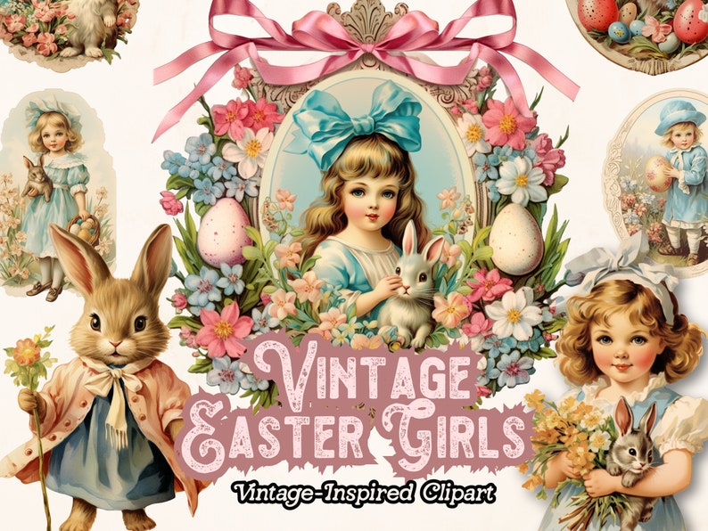 Puede incluir: Clipart de inspiraci&oacute;n vintage con chicas de Pascua con conejos y flores. Las chicas visten vestidos azules y tienen el pelo rubio. Los conejos son blancos y marrones. Las flores son rosas, azules y blancas.
