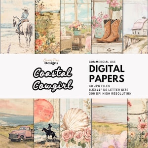 Coastal Cowgirl Digital Paper Pack – Vintage Western Beach Aesthetic, Floral Cowgirl Clipart, Ocean Scrapbook Backgrounds, 8.5x11&quot; JPG