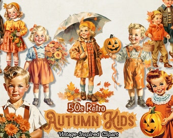 Clipart retro de los años 50, Halloween, otoño, niños PNG, uso comercial para álbumes de recortes, Paperdoll vintage, descarga digital