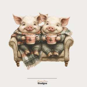 May include: A watercolour illustration depicts two pigs, each wearing a scarf and holding a mug, seated on a sofa. The mugs feature a red and white design with a snowflake. A plaid blanket is draped over the sofa.
