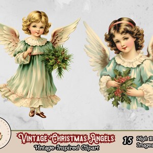 May include: Two vintage Christmas angels with wings, holding holly sprigs. The angels are wearing blue dresses with white lace trim and have blonde hair. The background is white.