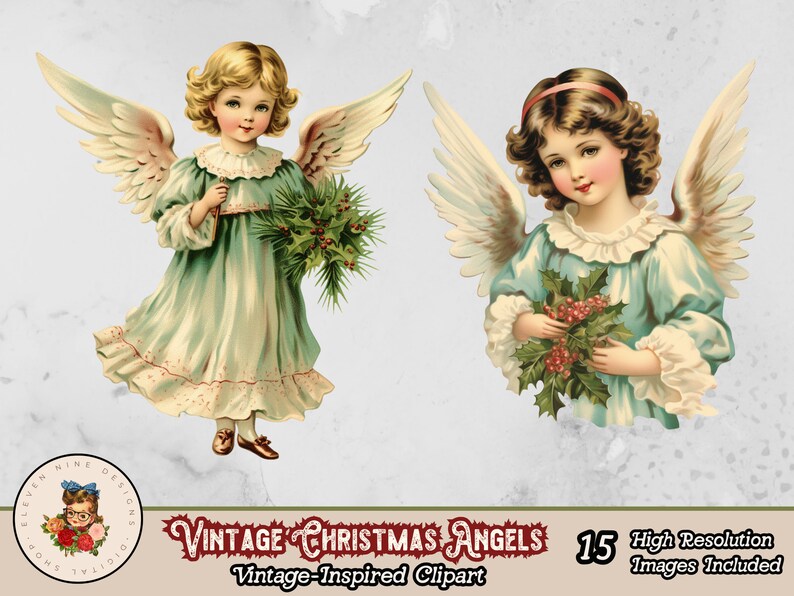 May include: Two vintage Christmas angels with wings, holding holly sprigs. The angels are wearing blue dresses with white lace trim and have blonde hair. The background is white.