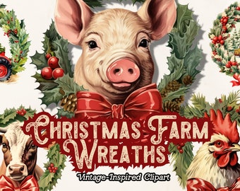 Vintage Christmas Farm Clipart, Christmas Farm Animal PNG, Farmhouse Clipart, Wreaths Clipart, Instant Digital Download, Commercial Use