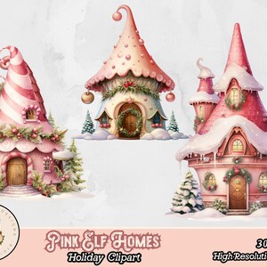 May include: Three pink and white gingerbread houses with candy cane details, snow-covered roofs, and green wreaths. The houses are decorated with red and white candy and have a whimsical, festive feel.