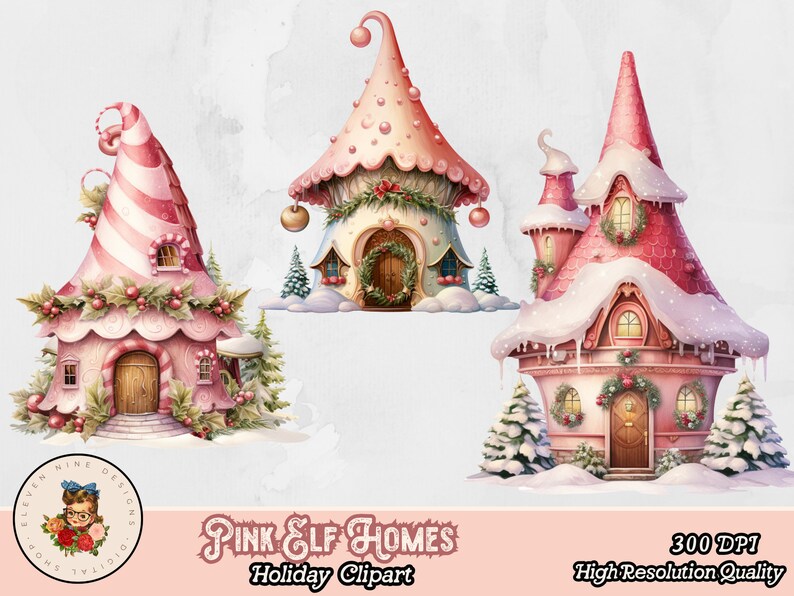 May include: Three pink and white gingerbread houses with candy cane details, snow-covered roofs, and green wreaths. The houses are decorated with red and white candy and have a whimsical, festive feel.