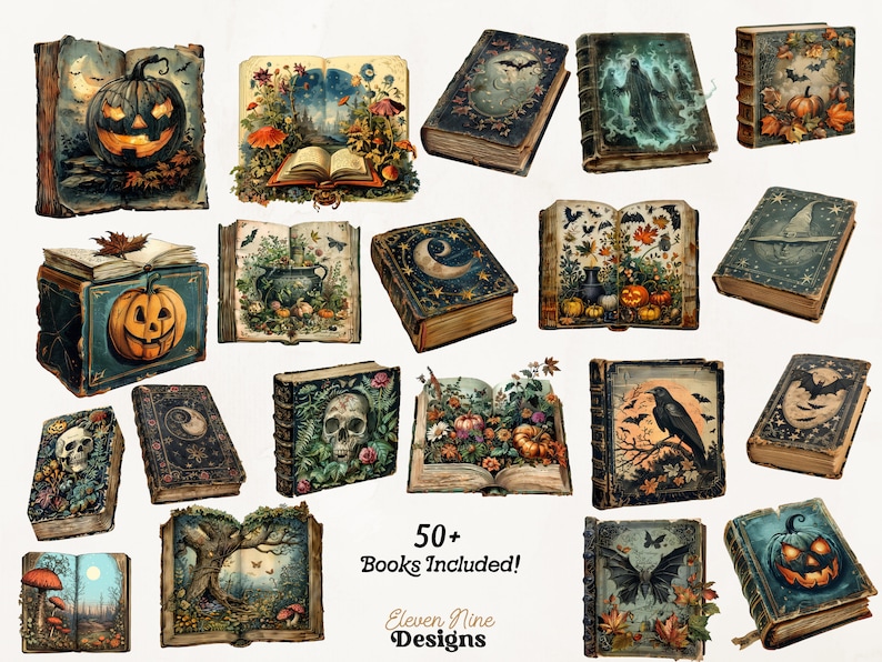 以下が含まれることがあります： ハロウィーンをテーマにしたヴィンテージの書籍イラストレーション50点以上のコレクション。画像には、カボチャ、コウモリ、カラス、頭蓋骨、その他の不気味なイメージが描かれています。書籍はさまざまな摩耗状態にあり、ヴィンテージ感を醸し出しています。