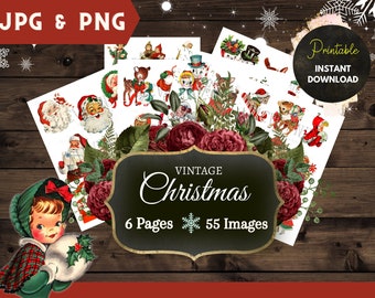 Fogli di collage digitali di Natale, fogli di collage digitali vintage di Natale stampabili, effimeri digitali, immagini di Natale per album di ritagli di giornale