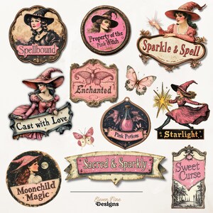 Op de afbeelding: Een set van 11 vintage-stijl Halloween-thema digitale printbare borden met roze en zwarte kleurschema's. De borden bevatten illustraties van heksen, vlinders, drankjes en sterren. De tekst op de borden bevat zinnen als "Spellbound", "Enchanted", "Cast with Love", "Pink Potions", "Starlight", "Sacred & Sparkly", "Moonchild Magic" en "Sweet Curse".
