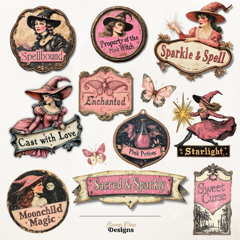 Op de afbeelding: Een set van 11 vintage-stijl Halloween-thema digitale printbare borden met roze en zwarte kleurschema's. De borden bevatten illustraties van heksen, vlinders, drankjes en sterren. De tekst op de borden bevat zinnen als "Spellbound", "Enchanted", "Cast with Love", "Pink Potions", "Starlight", "Sacred & Sparkly", "Moonchild Magic" en "Sweet Curse".
