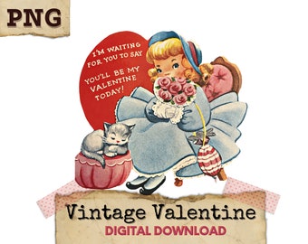 Clipart di San Valentino vintage, San Valentino retrò, Clipart retrò, Download digitale di San Valentino, Gatto di San Valentino, Ragazza di San Valentino anni '50 PNG