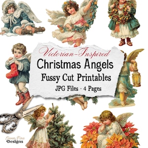 Victorian Christmas Angel Printables - Vintage Antique Fussy Cut Ephemera for Scrapbooking, Card Making, Holiday Crafts - JPG Files, 4 Pages
