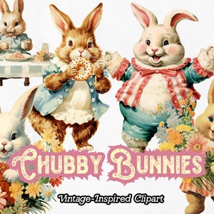 May include: Four cartoon bunnies in various poses, with flowers and a table setting. The bunnies are wearing clothes and have a vintage style. The text "Chubby Bunnies" is written in pink with a glittery effect. The text "Vintage-Inspired Clipart" is written below the bunnies.