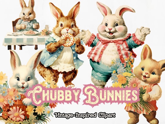 Chubby Bunny Clipart | Vintage Easter Bunny PNGs | Cute Retro Rabbit Graphics | Digital Download | Spring Clip Art for Crafts & Cards