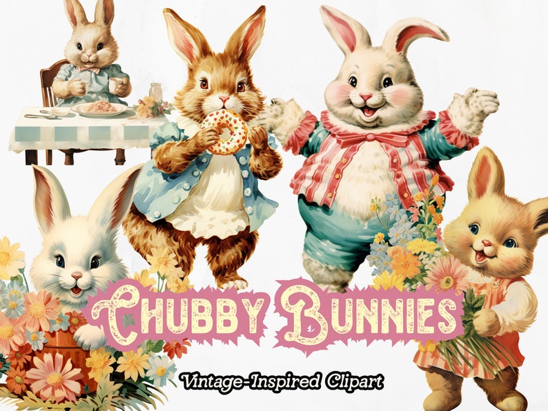 May include: Four cartoon bunnies in various poses, with flowers and a table setting. The bunnies are wearing clothes and have a vintage style. The text "Chubby Bunnies" is written in pink with a glittery effect. The text "Vintage-Inspired Clipart" is written below the bunnies.