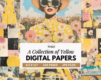 Retro Yellow Digital Paper, Printable Collage Grunge Watercolor Backgrounds for Junk Journals, Scrapbooking, Art Journaling