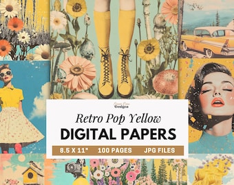 Retro Pop Yellow Digital Papers, Vintage Mid Century Collage Backgrounds, Colorful Mixed Media Scrapbook Paper, Printable Junk Journal Pages