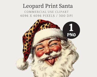 Leopard Print Santa PNG, Retro Christmas Santa Clipart, Funny Winking Santa Illustration, Trendy Animal Print Santa PNG, Santa Sublimation
