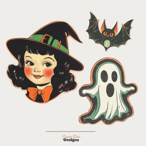 Puede incluir: Tres pegatinas troqueladas con una ilustraci&oacute;n de estilo vintage de un ni&ntilde;o con un sombrero de bruja negro con una banda verde, un murci&eacute;lago negro con orejas naranjas y un fantasma blanco con un contorno verde. El texto Eleven Nine Designs est&aacute; abajo.
