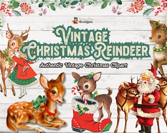 Clipart di renne, Clipart di Natale, Natale vintage retrò, Clipart di cervi, Download digitale di renne, Clipart vintage, PNG di renne vintage
