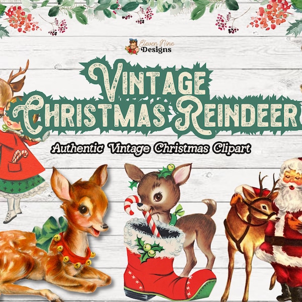 Reindeer Clipart, Christmas Clipart, Retro Vintage Christmas, Deer Clipart, Reindeer Digital Download, Vintage Clipart, Vintage Reindeer PNG